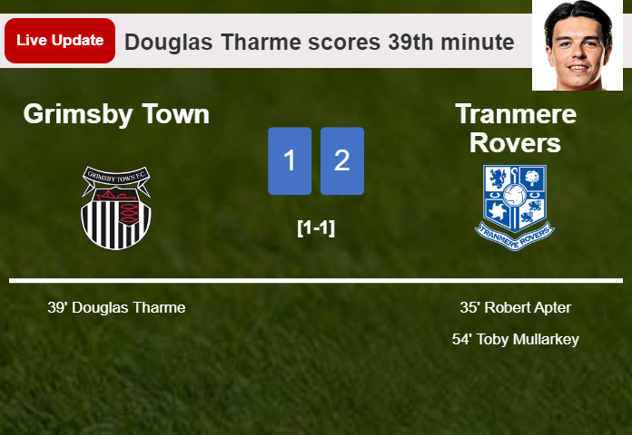 LIVE UPDATES. Tranmere Rovers takes the lead over Grimsby Town with a goal from Toby Mullarkey in the 54th minute and the result is 2-1