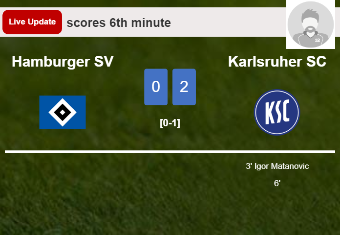 LIVE UPDATES. Karlsruher SC extends the lead over Hamburger SV with a goal from Igor Matanovic in the 6th minute and the result is 2-0