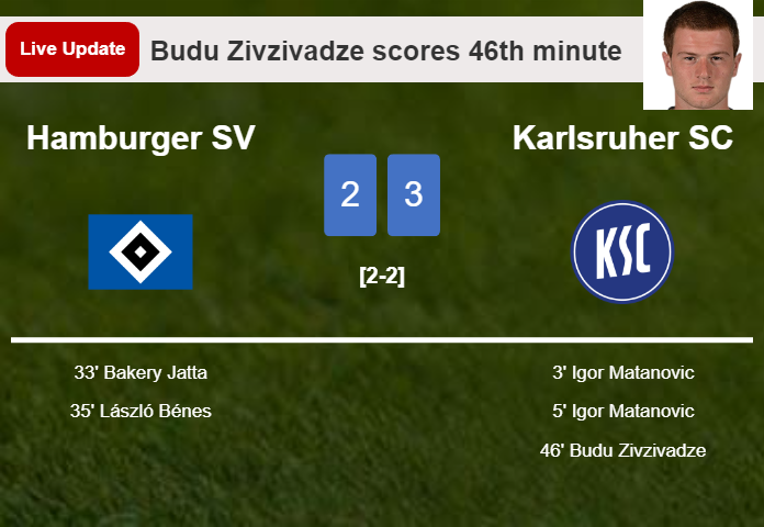LIVE UPDATES. Karlsruher SC takes the lead over Hamburger SV with a goal from Budu Zivzivadze in the 46th minute and the result is 3-2
