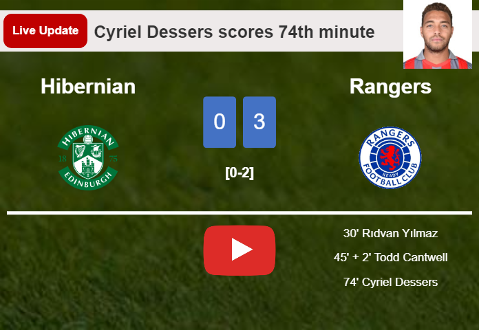 LIVE UPDATES. Rangers scores again over Hibernian with a goal from Cyriel Dessers in the 74th minute and the result is 3-0