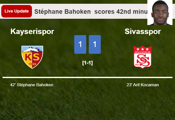 LIVE UPDATES. Kayserispor draws Sivasspor with a goal from Stéphane Bahoken  in the 42nd minute and the result is 1-1