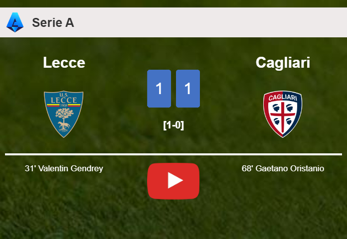Lecce and Cagliari draw 1-1 on Saturday. HIGHLIGHTS