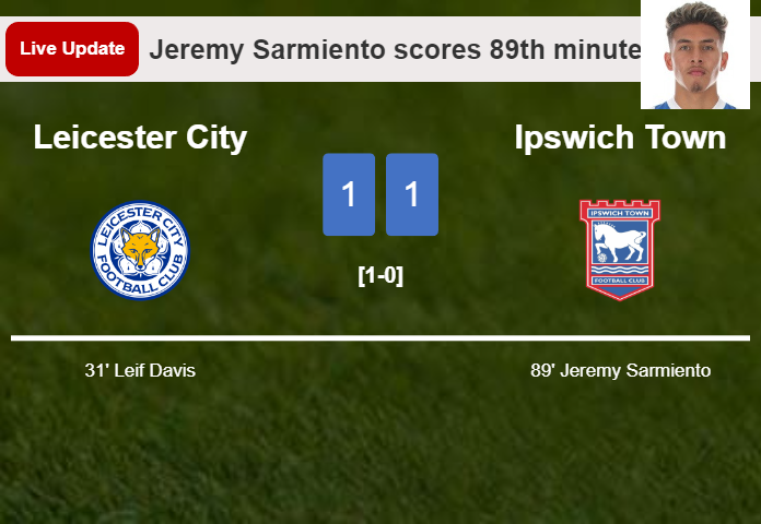 LIVE UPDATES. Ipswich Town draws Leicester City with a goal from Jeremy Sarmiento in the 89th minute and the result is 1-1
