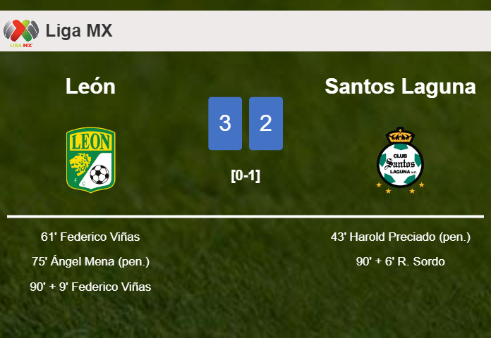 León beats Santos Laguna 3-2 with 2 goals from F. Viñas