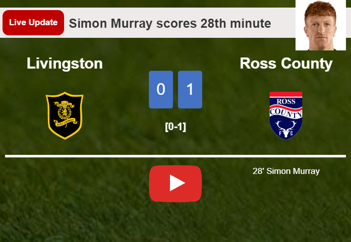 LIVE UPDATES. Ross County leads Livingston 1-0 after Simon Murray scored in the 28th minute
