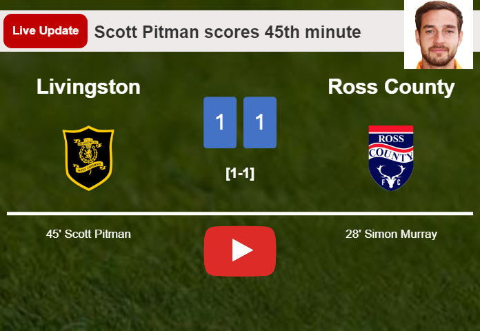 LIVE UPDATES. Livingston draws Ross County with a goal from Scott Pitman in the 45th minute and the result is 1-1