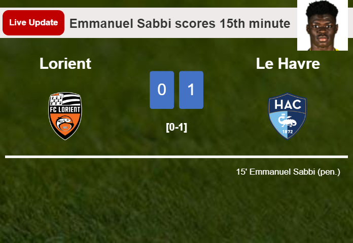 LIVE UPDATES. Le Havre leads Lorient 1-0 after Emmanuel Sabbi scored a penalty in the 15th minute