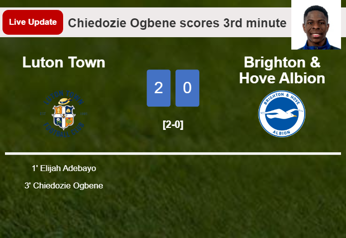 LIVE UPDATES. Luton Town extends the lead over Brighton & Hove Albion with a goal from Chiedozie Ogbene in the 3rd minute and the result is 2-0