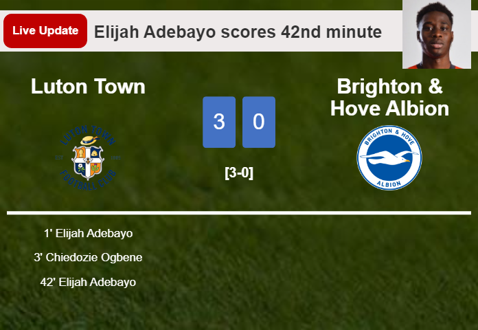 LIVE UPDATES. Luton Town extends the lead over Brighton & Hove Albion with a goal from Elijah Adebayo in the 42nd minute and the result is 3-0