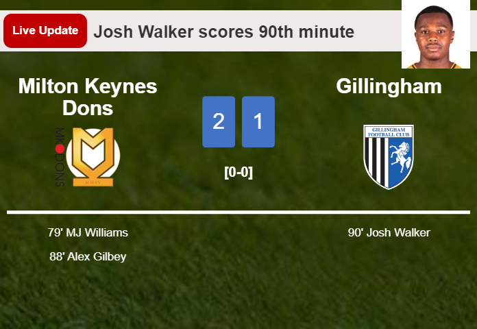 LIVE UPDATES. Gillingham getting closer to Milton Keynes Dons with a goal from Josh Walker in the 90th minute and the result is 1-2