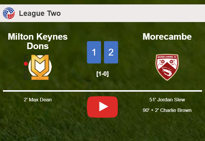 Morecambe recovers a 0-1 deficit to defeat Milton Keynes Dons 2-1. HIGHLIGHTS
