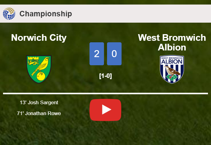 Norwich City overcomes West Bromwich Albion 2-0 on Saturday. HIGHLIGHTS