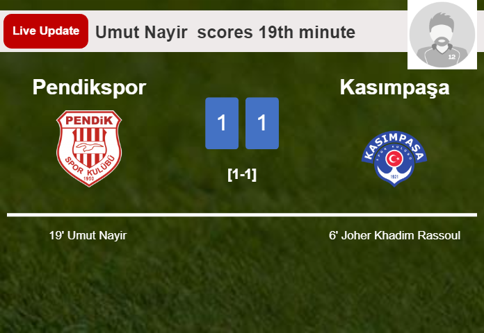 LIVE UPDATES. Pendikspor draws Kasımpaşa with a goal from Umut Nayir  in the 19th minute and the result is 1-1