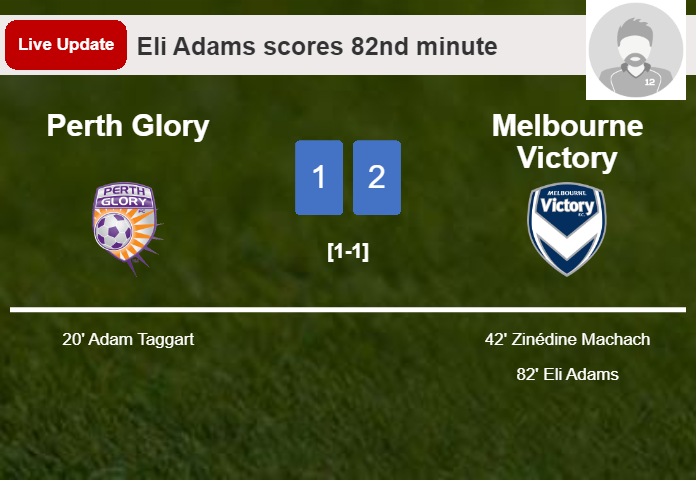 LIVE UPDATES. Melbourne Victory takes the lead over Perth Glory with a goal from Eli Adams in the 82nd minute and the result is 2-1