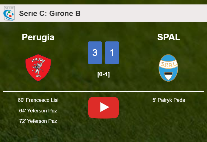 Perugia tops SPAL 3-1 after recovering from a 0-1 deficit. HIGHLIGHTS