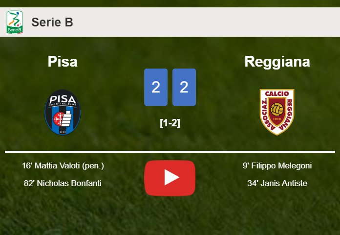 Pisa and Reggiana draw 2-2 on Saturday. HIGHLIGHTS