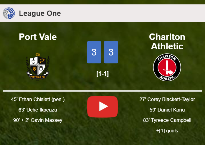Port Vale and Charlton Athletic draws a exciting match 3-3 on Saturday. HIGHLIGHTS