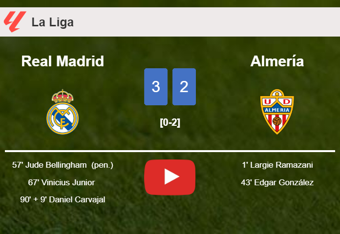 Real Madrid beats Almería after recovering from a 0-2 deficit. HIGHLIGHTS