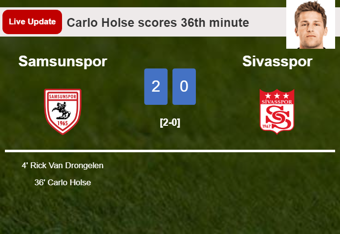 LIVE UPDATES. Samsunspor scores again over Sivasspor with a goal from Carlo Holse in the 36th minute and the result is 2-0