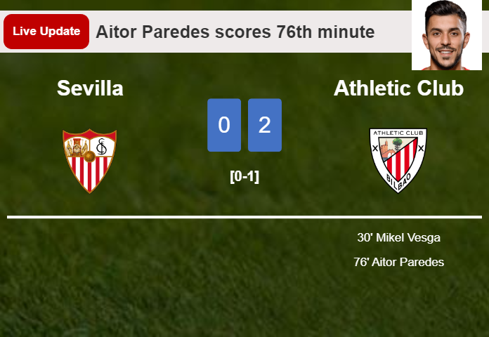 LIVE UPDATES. Athletic Club extends the lead over Sevilla with a goal from Aitor Paredes in the 76th minute and the result is 2-0