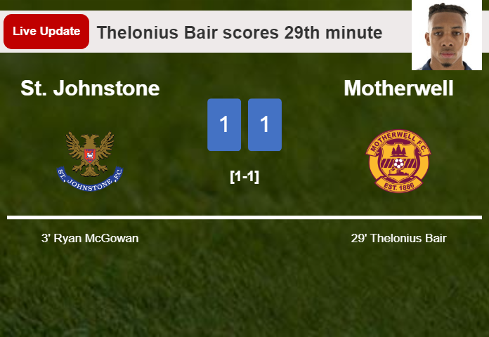 LIVE UPDATES. Motherwell draws St. Johnstone with a goal from Thelonius Bair in the 29th minute and the result is 1-1