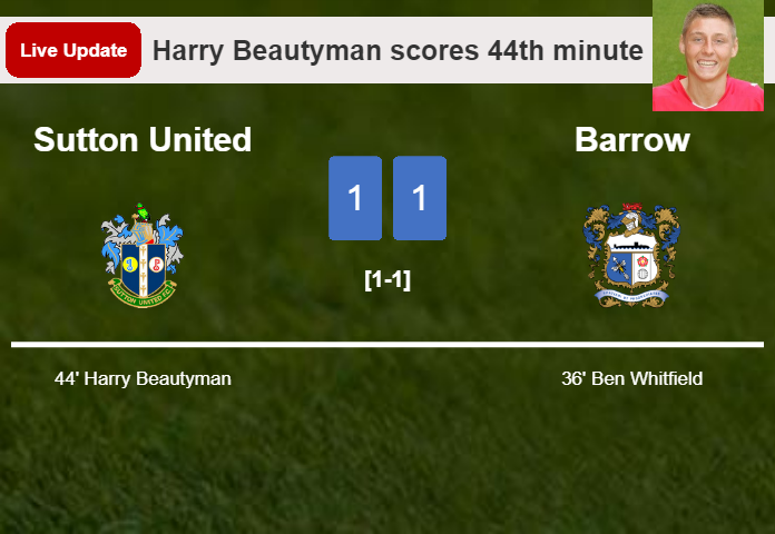 LIVE UPDATES. Sutton United draws Barrow with a goal from Harry Beautyman in the 44th minute and the result is 1-1