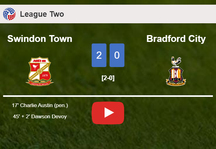 Swindon Town beats Bradford City 2-0 on Saturday. HIGHLIGHTS
