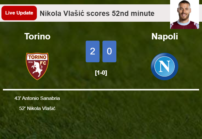 LIVE UPDATES. Torino scores again over Napoli with a goal from Nikola Vlašić in the 52nd minute and the result is 2-0