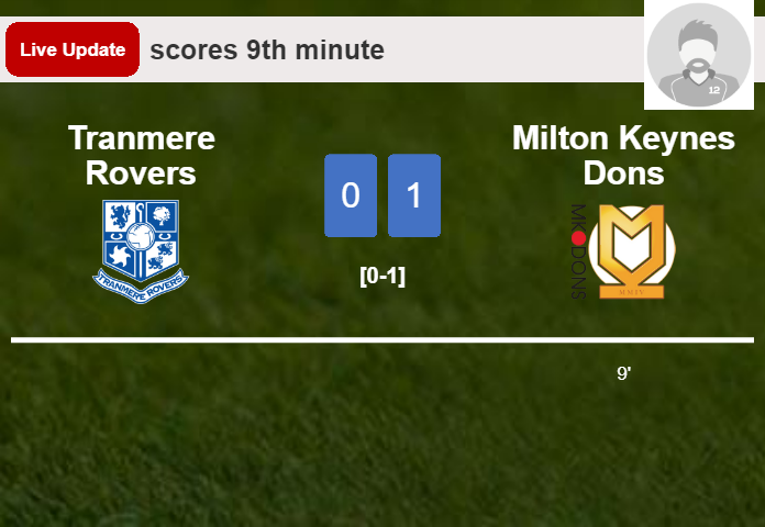 LIVE UPDATES. Milton Keynes Dons leads Tranmere Rovers 1-0 after  scored in the 9th minute