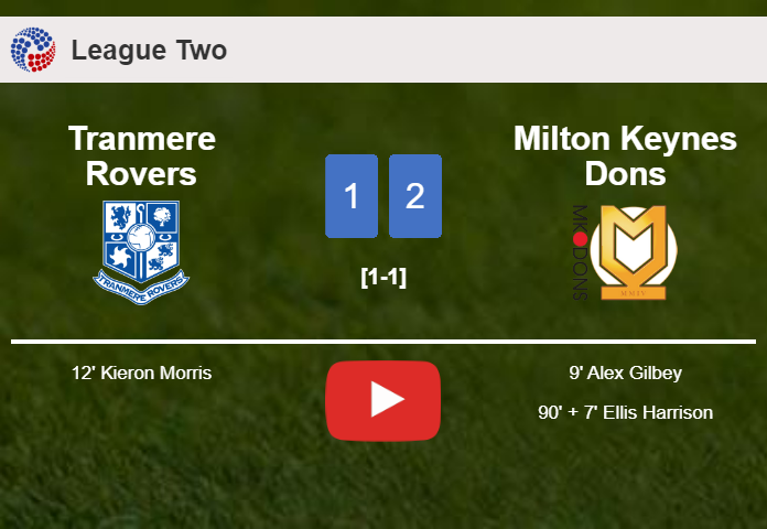 Milton Keynes Dons grabs a 2-1 win against Tranmere Rovers. HIGHLIGHTS