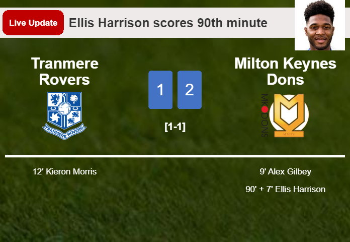 LIVE UPDATES. Milton Keynes Dons takes the lead over Tranmere Rovers with a goal from Ellis Harrison in the 90th minute and the result is 2-1