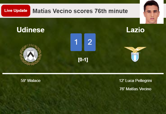 LIVE UPDATES. Lazio takes the lead over Udinese with a goal from Matías Vecino in the 76th minute and the result is 2-1