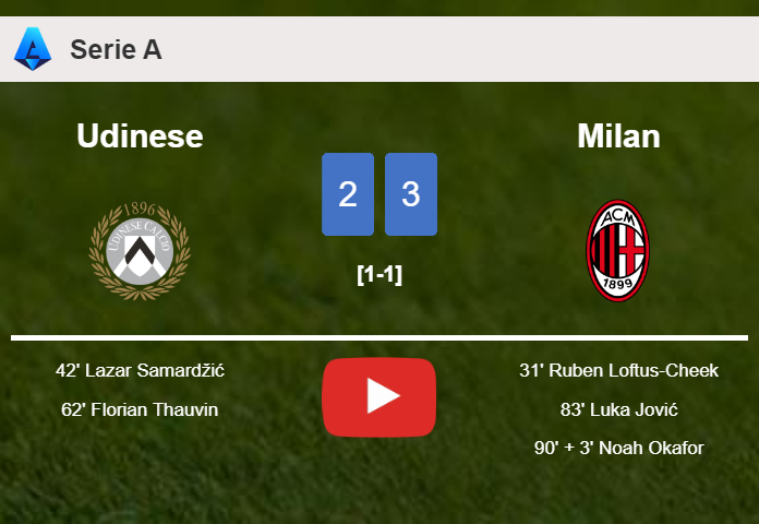 Milan prevails over Udinese after recovering from a 2-1 deficit. HIGHLIGHTS