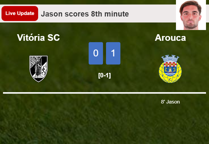 LIVE UPDATES. Arouca leads Vitória SC 1-0 after Jason scored in the 8th minute