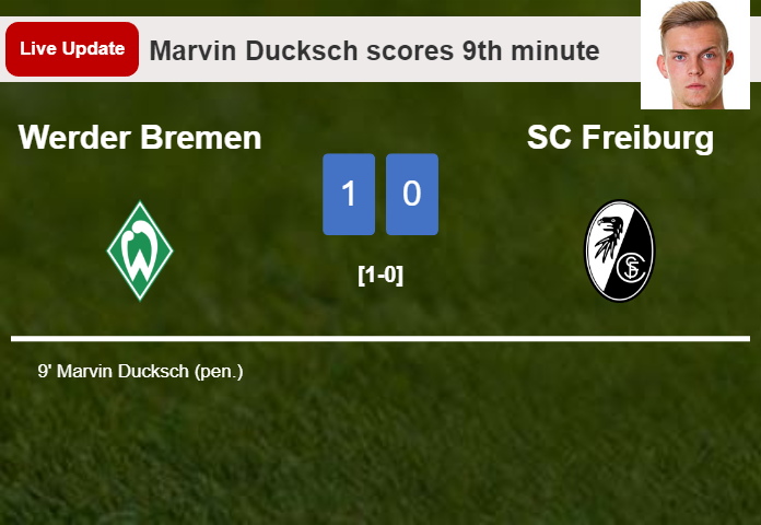 LIVE UPDATES. Werder Bremen leads SC Freiburg 1-0 after Marvin Ducksch scored a penalty in the 9th minute