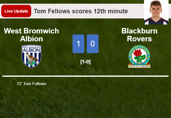 LIVE UPDATES. West Bromwich Albion leads Blackburn Rovers 1-0 after Tom Fellows scored in the 12th minute