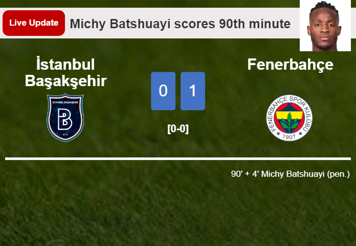 LIVE UPDATES. Fenerbahçe leads İstanbul Başakşehir 1-0 after Michy Batshuayi netted a penalty in the 90th minute