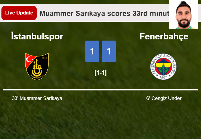 LIVE UPDATES. İstanbulspor draws Fenerbahçe with a goal from Muammer Sarikaya in the 33rd minute and the result is 1-1
