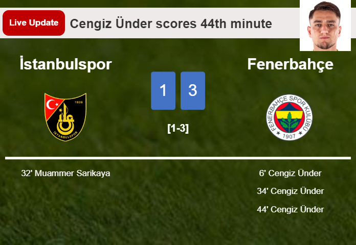 LIVE UPDATES. Fenerbahçe scores again over İstanbulspor with a goal from Edin Dzeko in the 45th minute and the result is 4-1