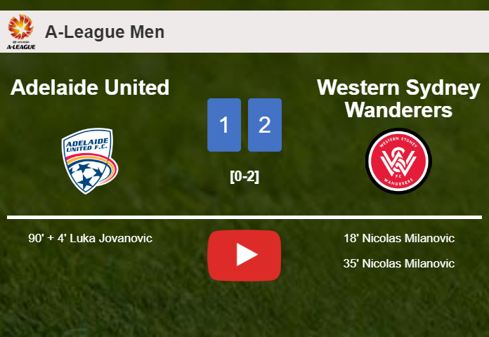 Western Sydney Wanderers overcomes Adelaide United 2-1 with N. Milanovic scoring a double. HIGHLIGHTS