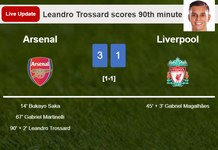 LIVE UPDATES. Arsenal extends the lead over Liverpool with a goal from Leandro Trossard in the 90th minute and the result is 3-1