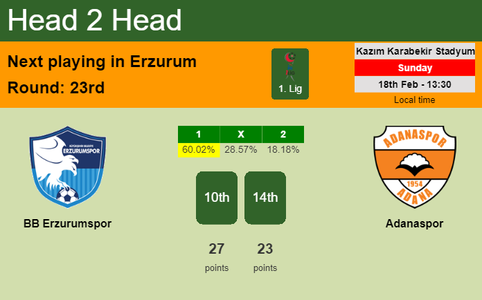 H2H, prediction of BB Erzurumspor vs Adanaspor with odds, preview, pick, kick-off time 18-02-2024 - 1. Lig