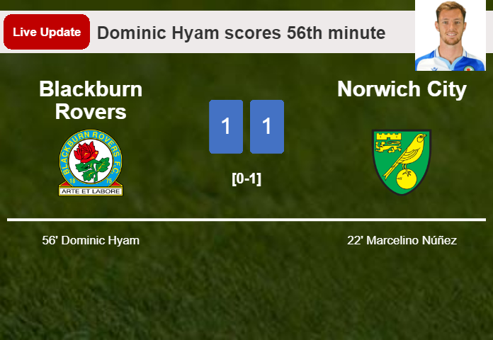 LIVE UPDATES. Blackburn Rovers draws Norwich City with a goal from Dominic Hyam in the 56th minute and the result is 1-1