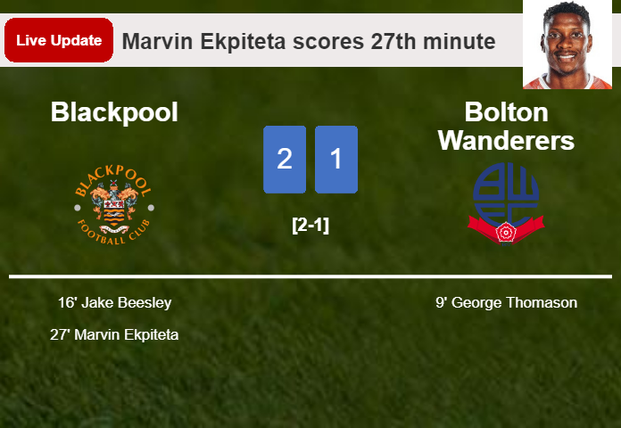 LIVE UPDATES. Blackpool takes the lead over Bolton Wanderers with a goal from Marvin Ekpiteta in the 27th minute and the result is 2-1