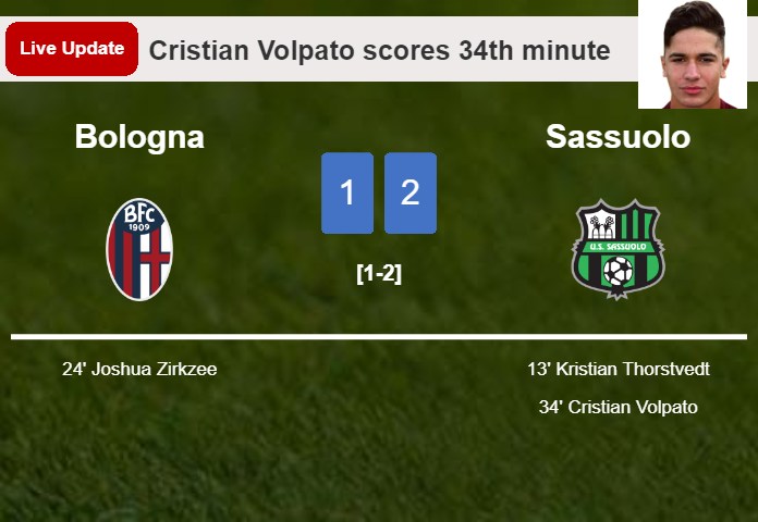 LIVE UPDATES. Sassuolo takes the lead over Bologna with a goal from Cristian Volpato in the 34th minute and the result is 2-1