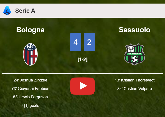 Bologna prevails over Sassuolo after recovering from a 1-2 deficit. HIGHLIGHTS