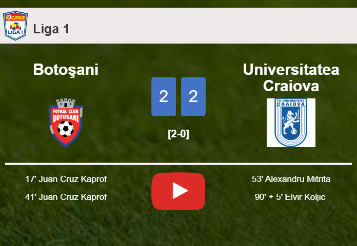 Universitatea Craiova manages to draw 2-2 with Botoşani after recovering a 0-2 deficit. HIGHLIGHTS
