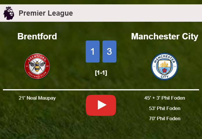 Manchester City beats Brentford 3-1 with 3 goals from P. Foden. HIGHLIGHTS