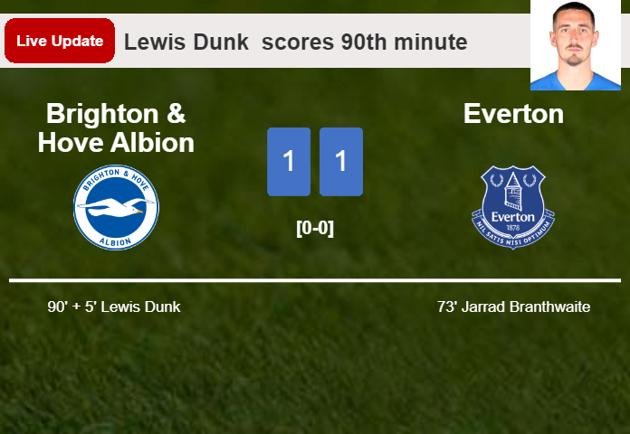 LIVE UPDATES. Brighton & Hove Albion draws Everton with a goal from Lewis Dunk  in the 90th minute and the result is 1-1
