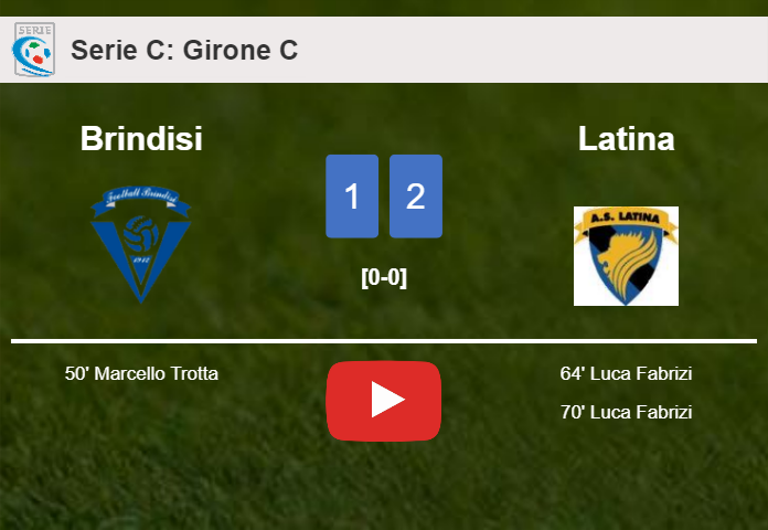 Latina recovers a 0-1 deficit to overcome Brindisi 2-1 with L. Fabrizi scoring 2 goals. HIGHLIGHTS